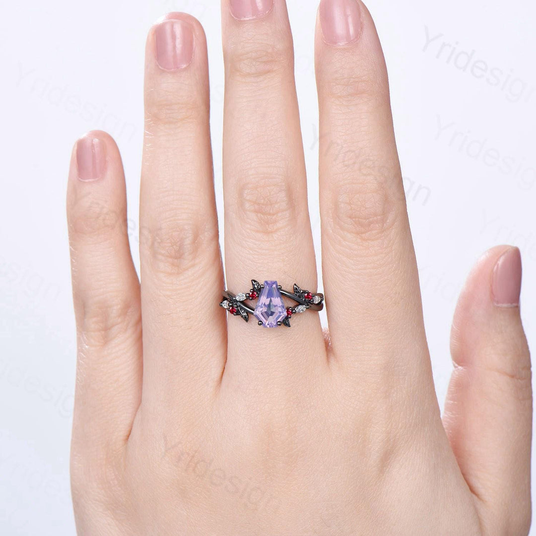 Unique Lavender Amethyst Engagement Ring, Black Gold Gothic Ring, Cluster Moonstone Wedding Ring, Split Shank Coffin Ring Anniversary Gift - PENFINE