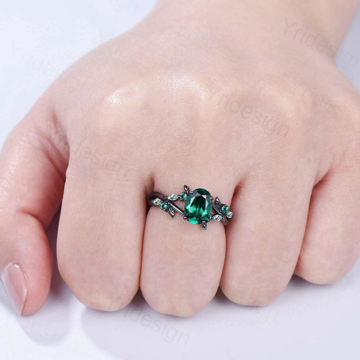 Unique Black Gold Emerald Engagement Ring Natural Inspired Gothic Oval Emerald Leaf Ring Split Shank Marquise Moss Agate Wedding Ring Women - PENFINE
