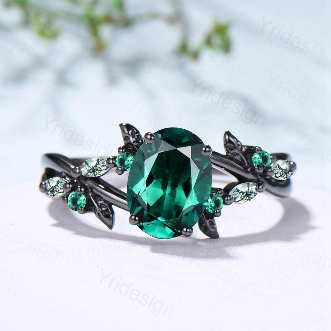 Unique Black Gold Emerald Engagement Ring Natural Inspired Gothic Oval Emerald Leaf Ring Split Shank Marquise Moss Agate Wedding Ring Women - PENFINE