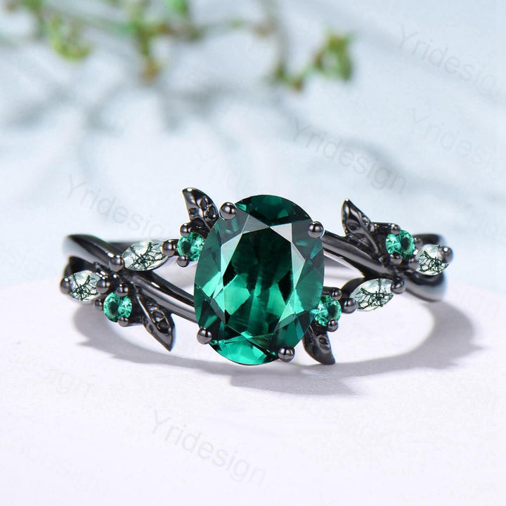 Unique Black Gold Emerald Engagement Ring Natural Inspired Gothic Oval Emerald Leaf Ring Split Shank Marquise Moss Agate Wedding Ring Women - PENFINE