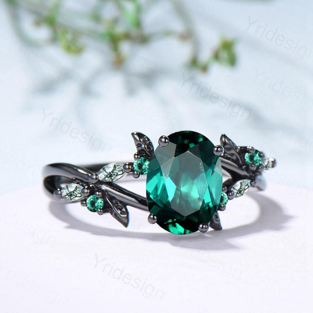 Unique Black Gold Emerald Engagement Ring Natural Inspired Gothic Oval Emerald Leaf Ring Split Shank Marquise Moss Agate Wedding Ring Women - PENFINE