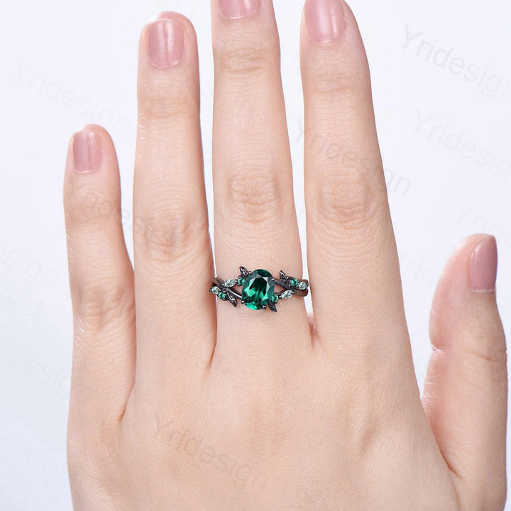 Unique Black Gold Emerald Engagement Ring Natural Inspired Gothic Oval Emerald Leaf Ring Split Shank Marquise Moss Agate Wedding Ring Women - PENFINE