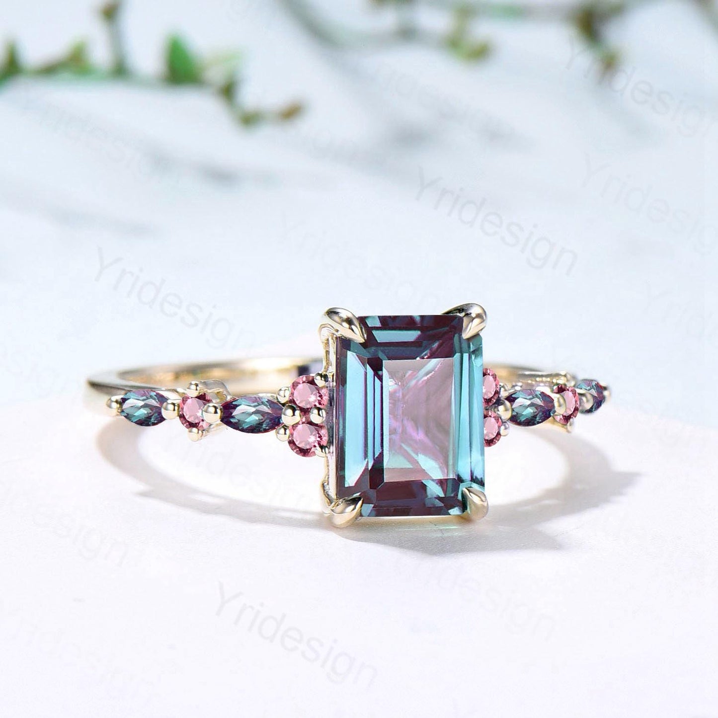 Elegant Emerald Cut Alexandrite Engagement Ring Yellow Gold Unique Pink Tourmaline Color Change Wedding Ring Promise Anniversary Gifts Women - PENFINE