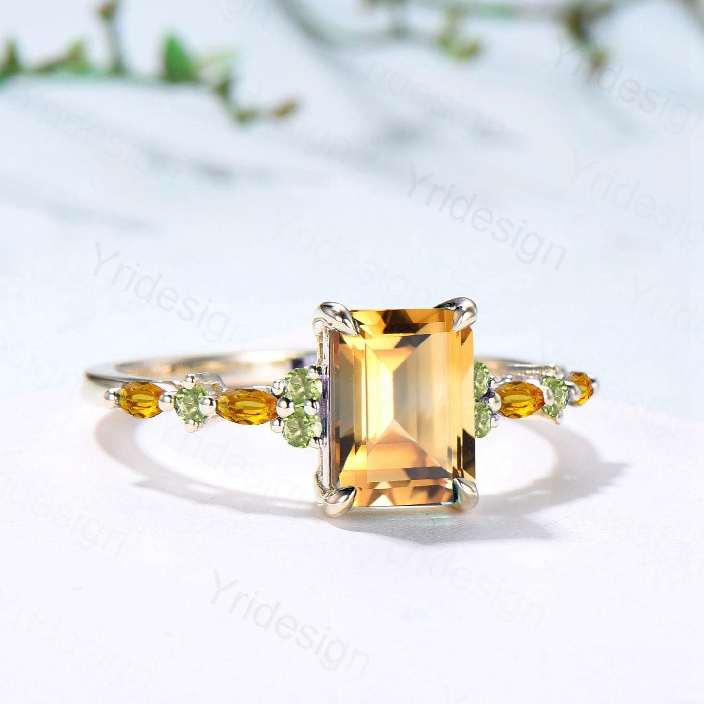 Vintage Emerald Cut Citrine Engagement Ring Cluster Peridot Wedding Ring Yellow Gold November Birthstone Elegant Anniversary Ring for Women - PENFINE
