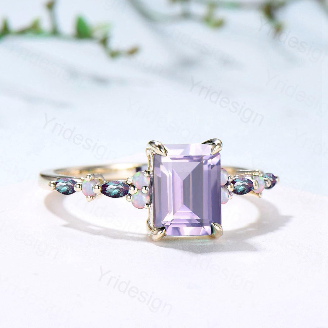 Unique Emerald Cut lavender amethyst Ring Marquise Alexandrite Opal Purple Engagement Ring February Birthstone Handmade Proposal Gifts Women - PENFINE