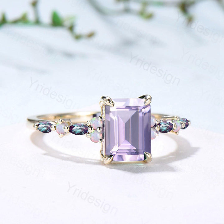 Unique Emerald Cut lavender amethyst Ring Marquise Alexandrite Opal Purple Engagement Ring February Birthstone Handmade Proposal Gifts Women - PENFINE