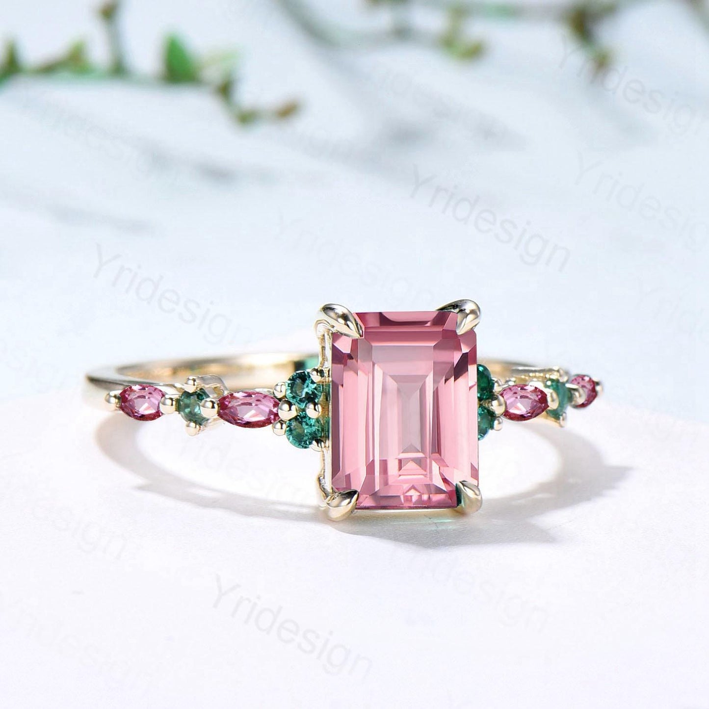 Vintage Padparadscha sapphire Engagement Ring Yellow Gold Pink Tourmaline and Emerald Wedding Band Pink Crystal Anniversary Ring For Women - PENFINE