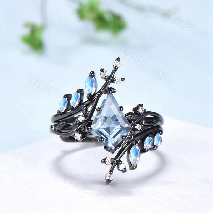 Gothic Aquamarine ring set Unique 7x10mm kite cut aquamarine engagement ring set black gold marquise moonstone nature inspired wedding set - PENFINE