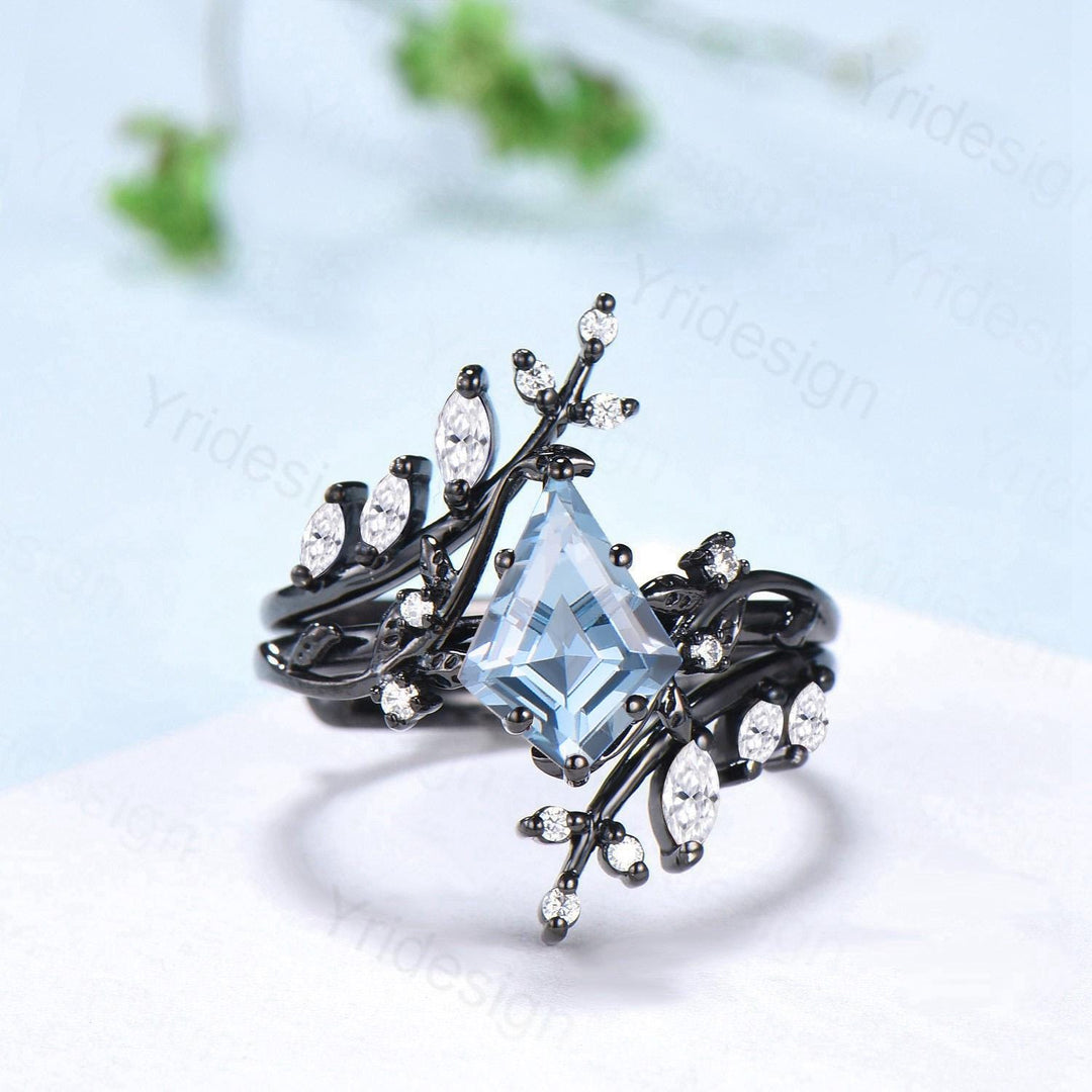 Gothic Aquamarine ring set Unique 7x10mm kite cut aquamarine engagement ring set black gold marquise moonstone nature inspired wedding set - PENFINE