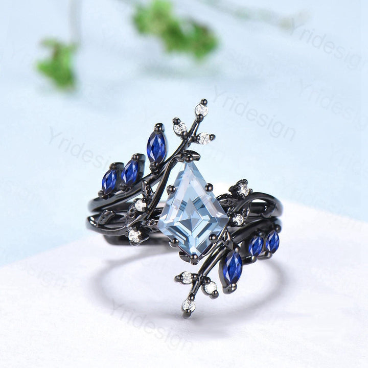 Gothic Aquamarine ring set Unique 7x10mm kite cut aquamarine engagement ring set black gold marquise moonstone nature inspired wedding set - PENFINE