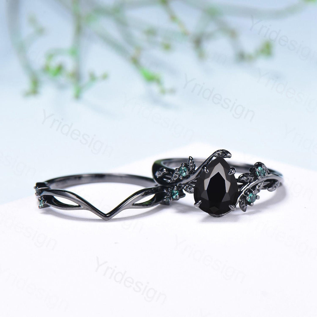 Pear shaped natural black onyx engagement ring set leaf design emerald gothic wedding set twig vine nature inspired emerald 2pcs bridal set - PENFINE