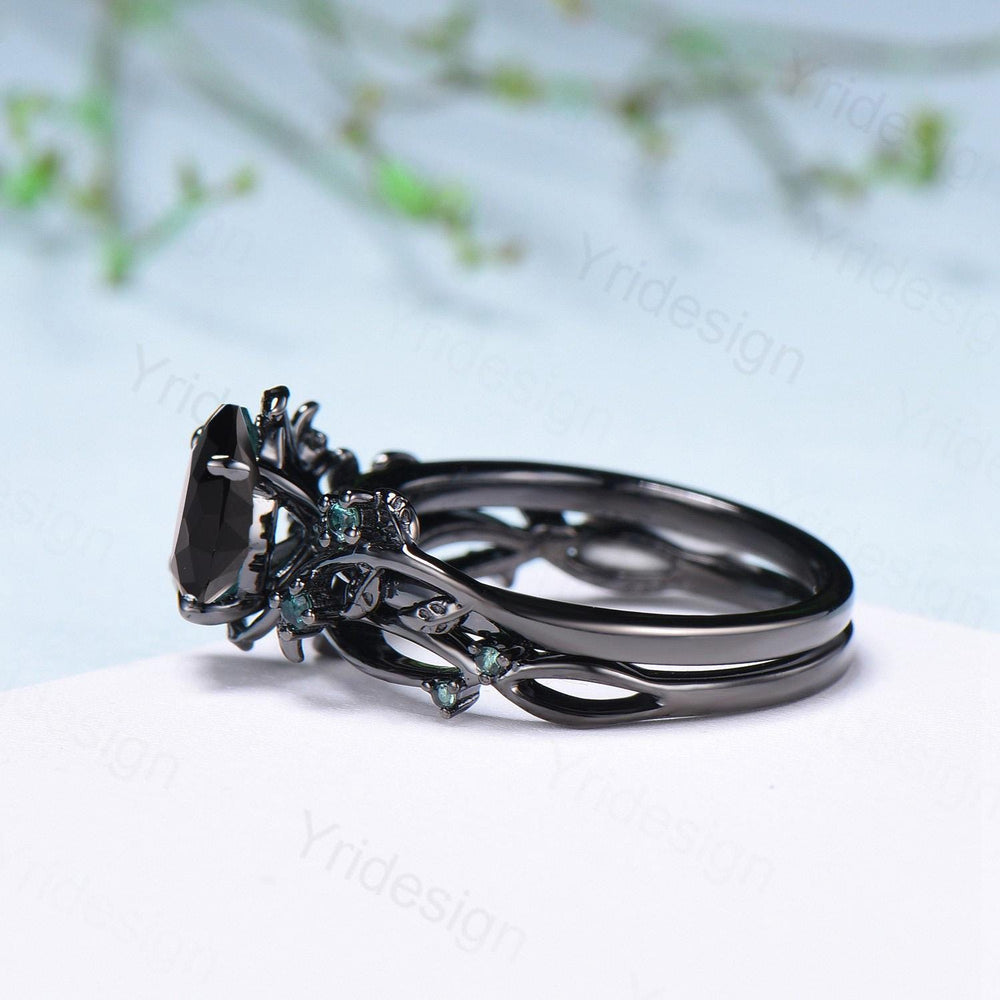 Pear shaped natural black onyx engagement ring set leaf design emerald gothic wedding set twig vine nature inspired emerald 2pcs bridal set - PENFINE