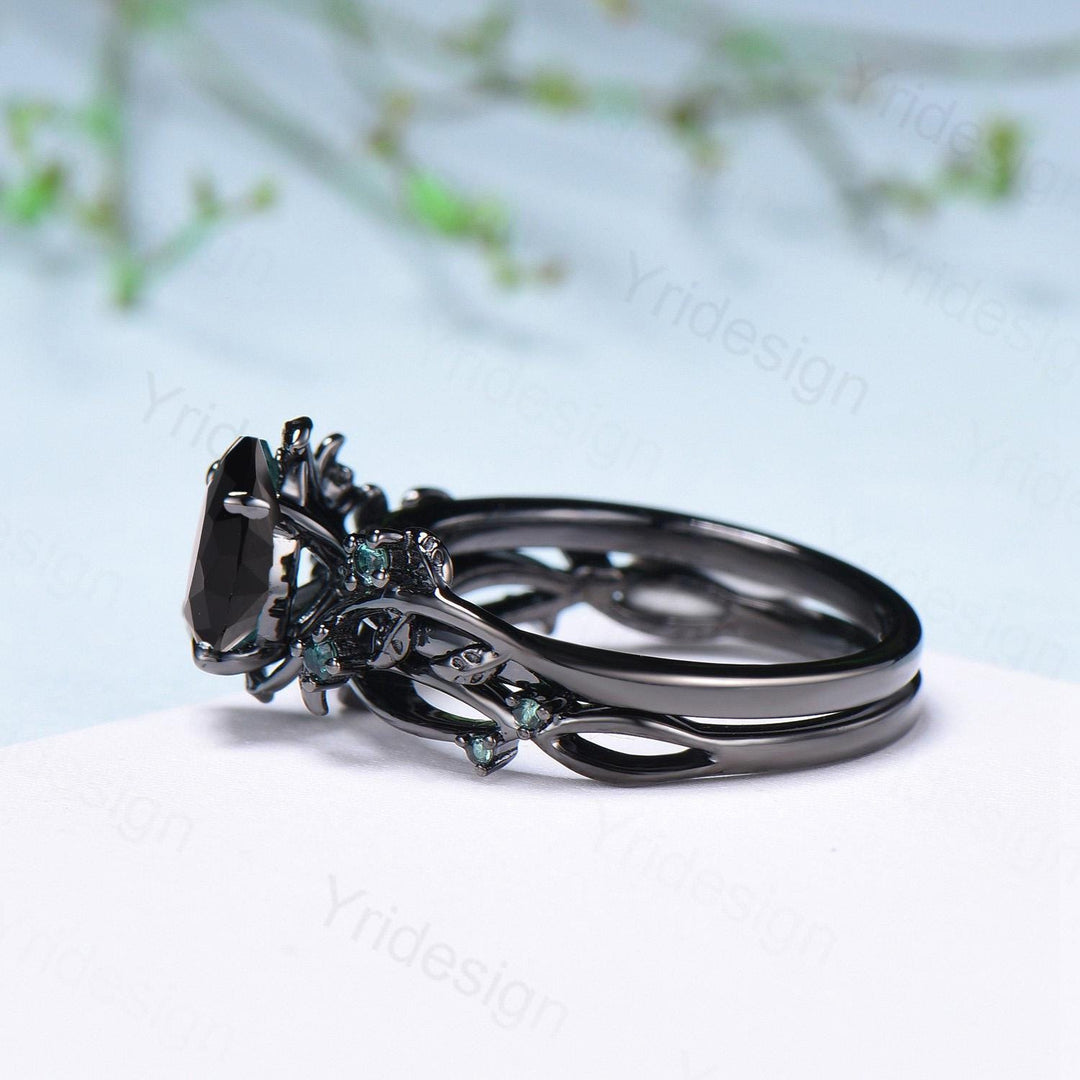 Pear shaped natural black onyx engagement ring set leaf design emerald gothic wedding set twig vine nature inspired emerald 2pcs bridal set - PENFINE