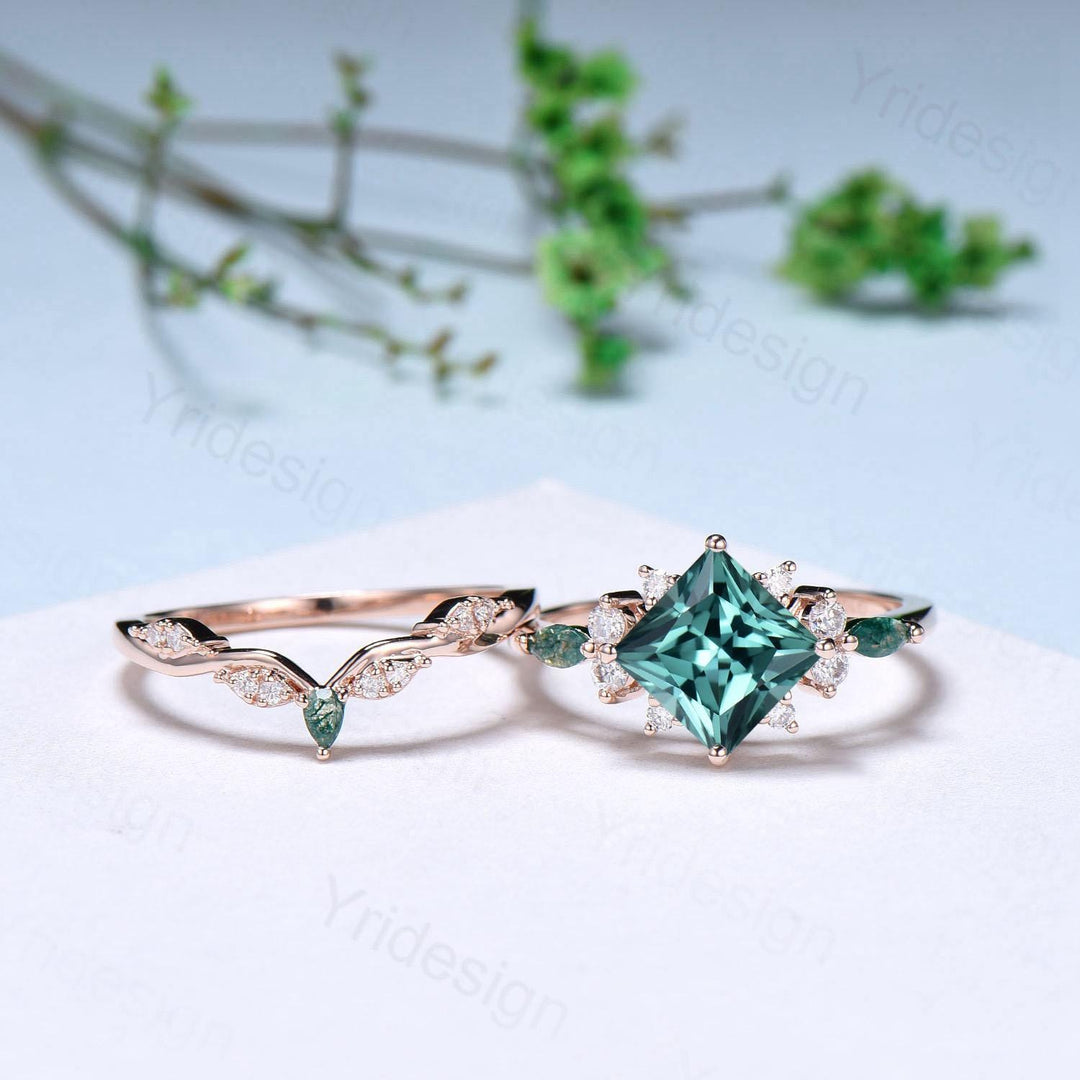 Vintage 2CT Princess Cut Green Sapphire Engagement Ring Set Cluster Marquise Moss Agate Wedding Ring Set 2pcs 14K Rose Gold Bridal Ring Set - PENFINE