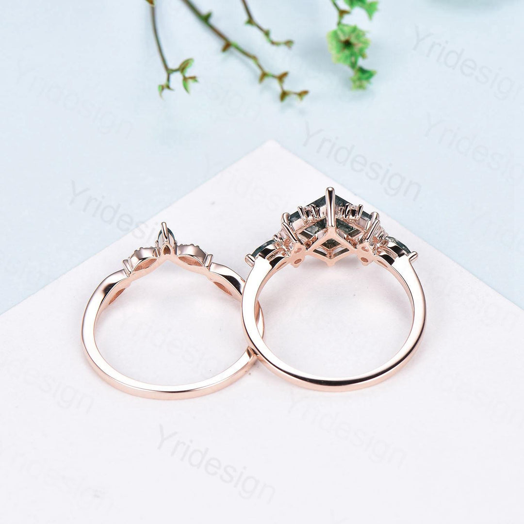 Vintage 2CT Princess Cut Green Sapphire Engagement Ring Set Cluster Marquise Moss Agate Wedding Ring Set 2pcs 14K Rose Gold Bridal Ring Set - PENFINE