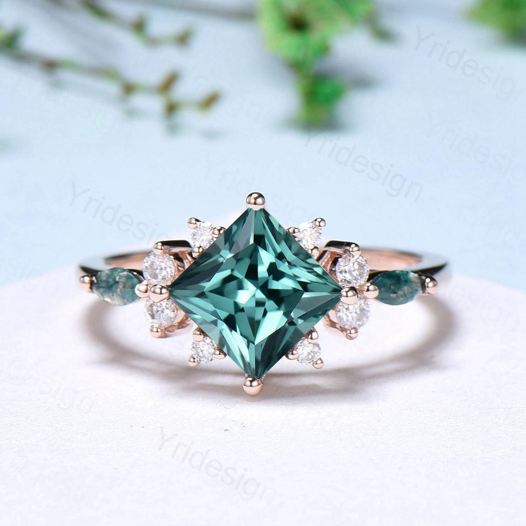 Vintage 2CT Princess Cut Green Sapphire Engagement Ring Set Cluster Marquise Moss Agate Wedding Ring Set 2pcs 14K Rose Gold Bridal Ring Set - PENFINE