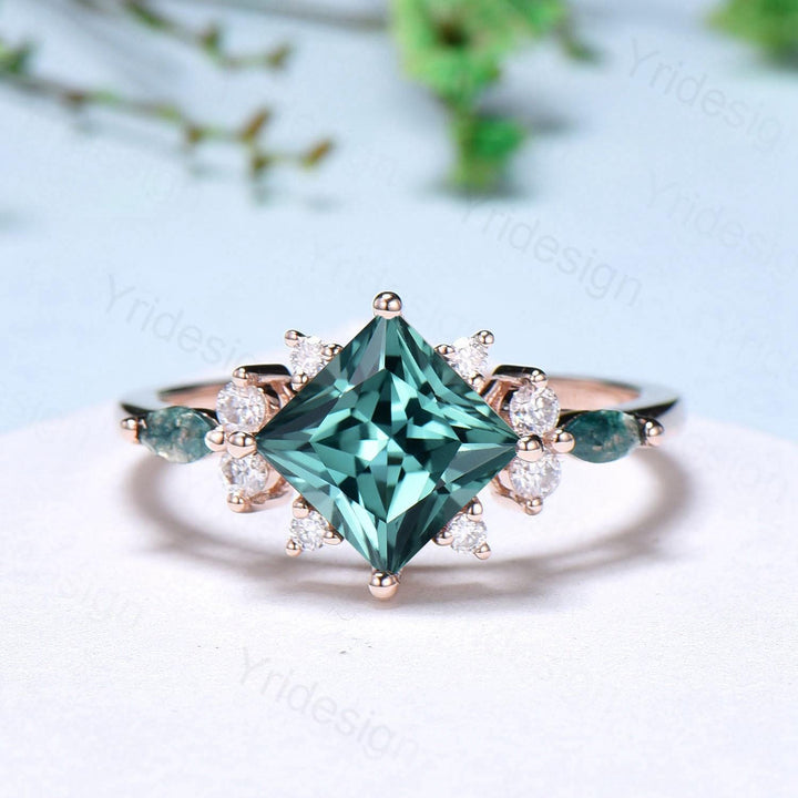 Vintage 2CT Princess Cut Green Sapphire Engagement Ring Set Cluster Marquise Moss Agate Wedding Ring Set 2pcs 14K Rose Gold Bridal Ring Set - PENFINE