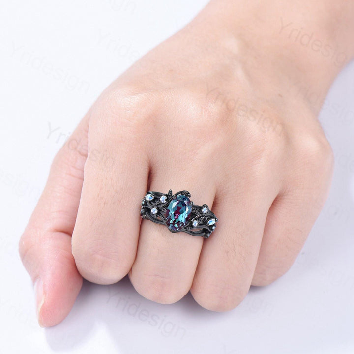 Unique Black Gold Oval Alexandrite Moonstone Engagement Ring Set Nature Inspired Twig Opal Wedding Band  branch June birthstone bridal set - PENFINE