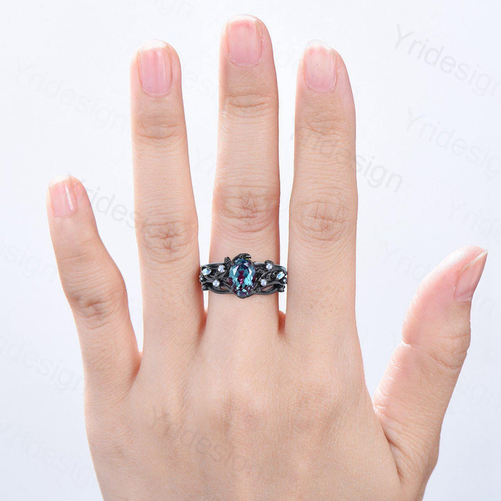 Unique Black Gold Oval Alexandrite Moonstone Engagement Ring Set Nature Inspired Twig Opal Wedding Band  branch June birthstone bridal set - PENFINE