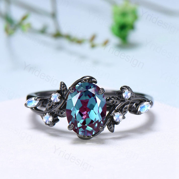 Unique Black Gold Oval Alexandrite Moonstone Engagement Ring Set Nature Inspired Twig Opal Wedding Band  branch June birthstone bridal set - PENFINE