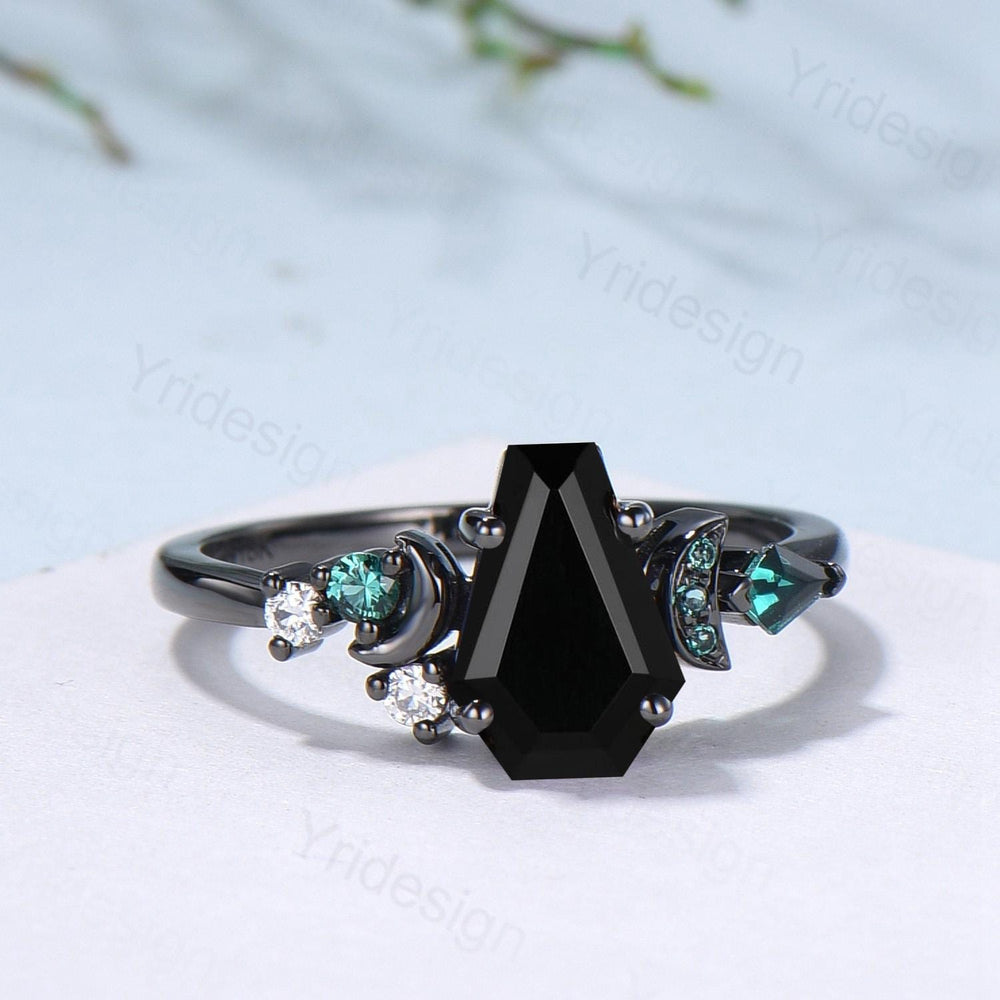 Coffin cut black onyx ring Black gold gothic engagement ring moon design cluster emerald wedding ring vintage anniversary promise ring women - PENFINE