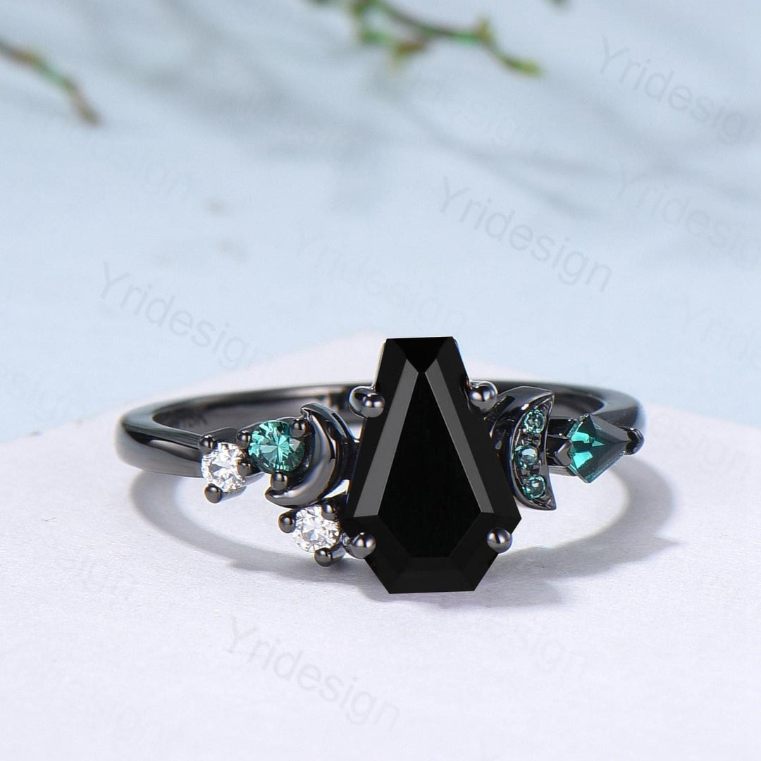 Coffin cut black onyx ring Black gold gothic engagement ring moon design cluster emerald wedding ring vintage anniversary promise ring women - PENFINE