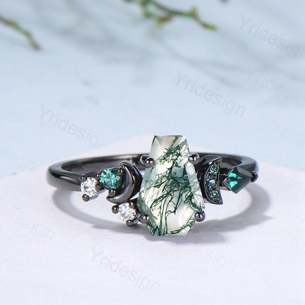 Coffin cut moss agate ring Black gold gothic engagement ring moon design cluster emerald wedding ring unique anniversary promise ring women - PENFINE