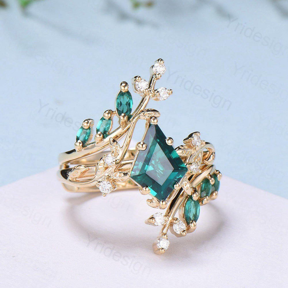 18K yellow gold kite cut emerald engagement ring set cluster emerald diamond engagement ring nature inspired may birthstone wedding ring set - PENFINE