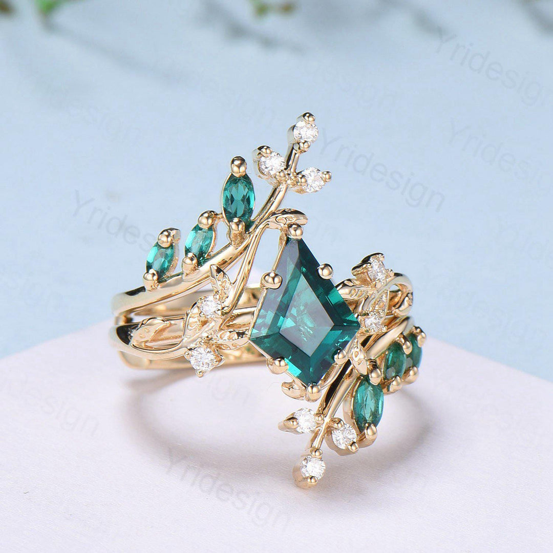 18K yellow gold kite cut emerald engagement ring set cluster emerald diamond engagement ring nature inspired may birthstone wedding ring set - PENFINE