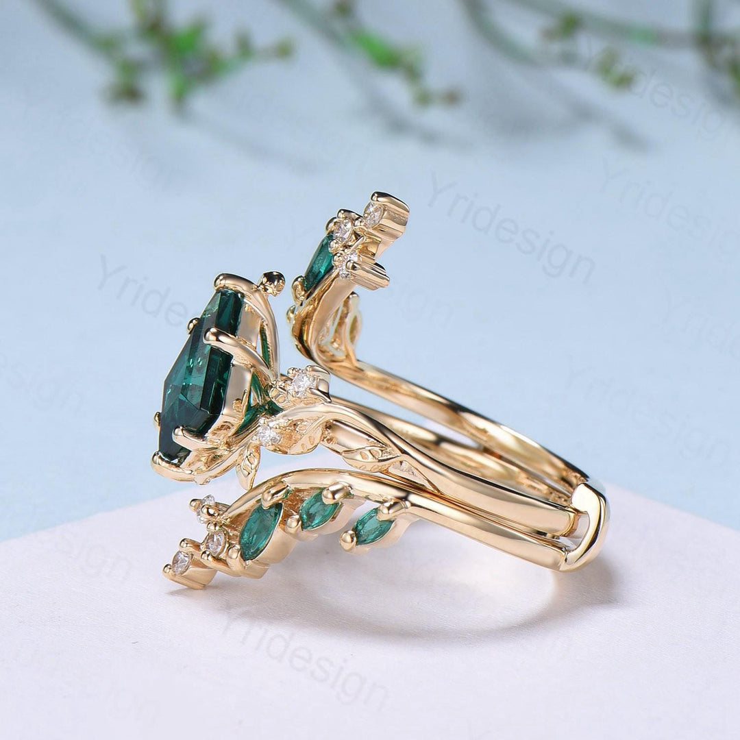 18K yellow gold kite cut emerald engagement ring set cluster emerald diamond engagement ring nature inspired may birthstone wedding ring set - PENFINE