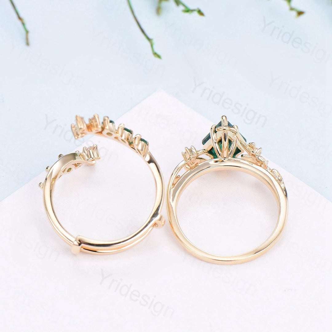 18K yellow gold kite cut emerald engagement ring set cluster emerald diamond engagement ring nature inspired may birthstone wedding ring set - PENFINE