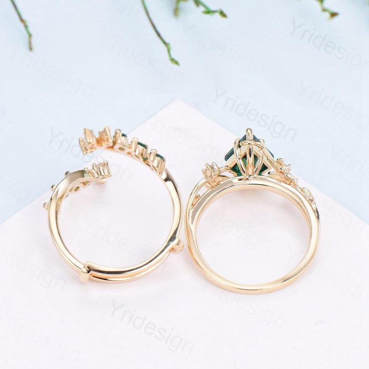 18K yellow gold kite cut emerald engagement ring set cluster emerald diamond engagement ring nature inspired may birthstone wedding ring set - PENFINE
