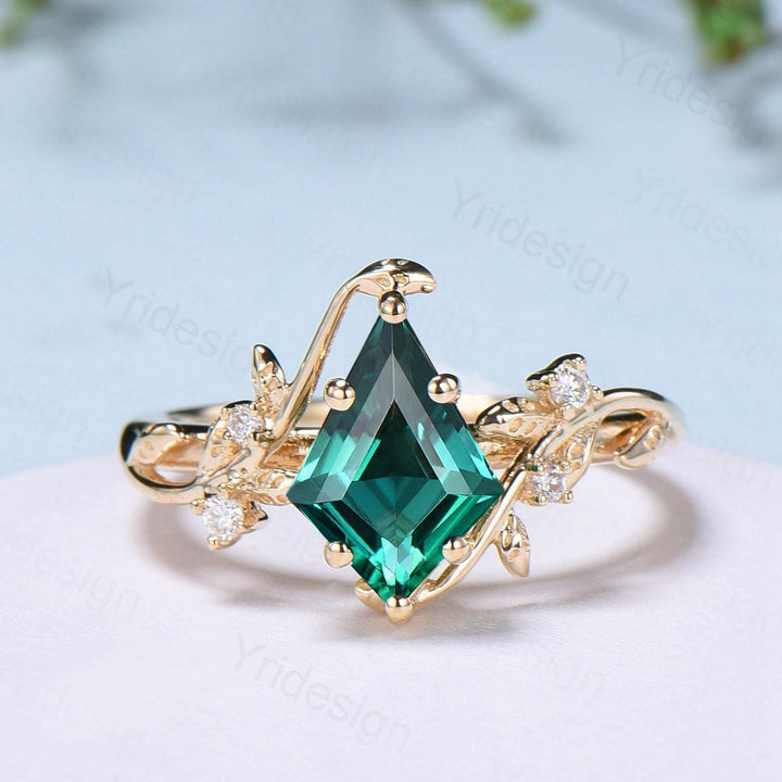 18K yellow gold kite cut emerald engagement ring set cluster emerald diamond engagement ring nature inspired may birthstone wedding ring set - PENFINE