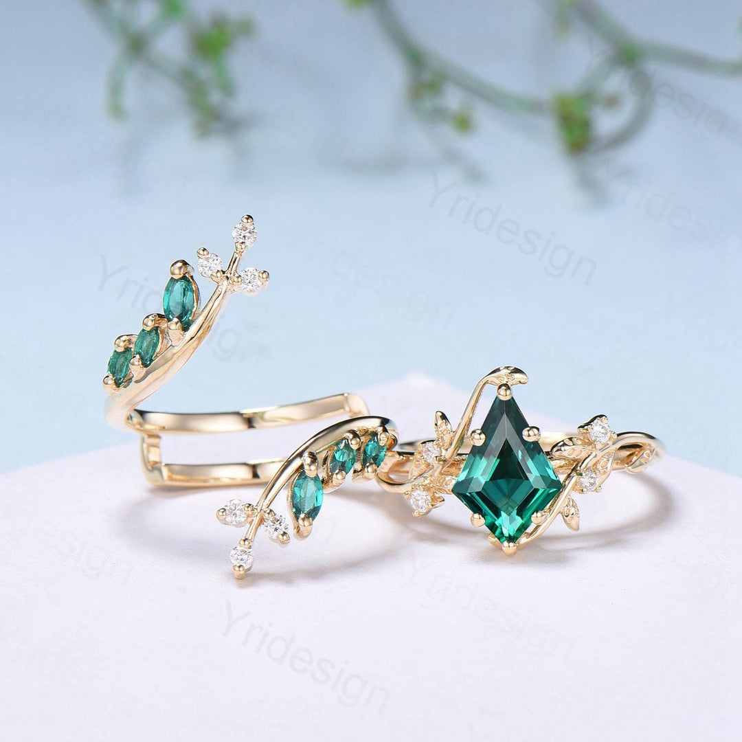 18K yellow gold kite cut emerald engagement ring set cluster emerald diamond engagement ring nature inspired may birthstone wedding ring set - PENFINE