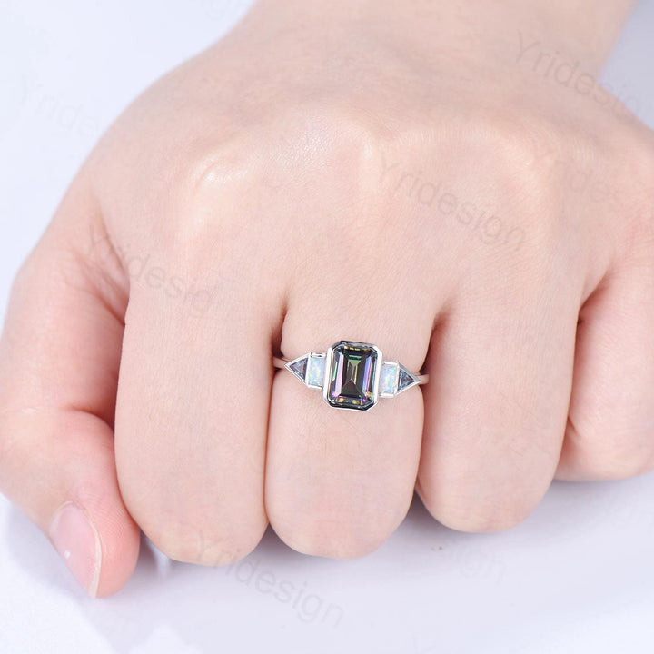 Vintage emerald cut mystic topaz engagement ring Baguette white opal trillion cut alexandrite band unique topaz five stone anniversary ring - PENFINE