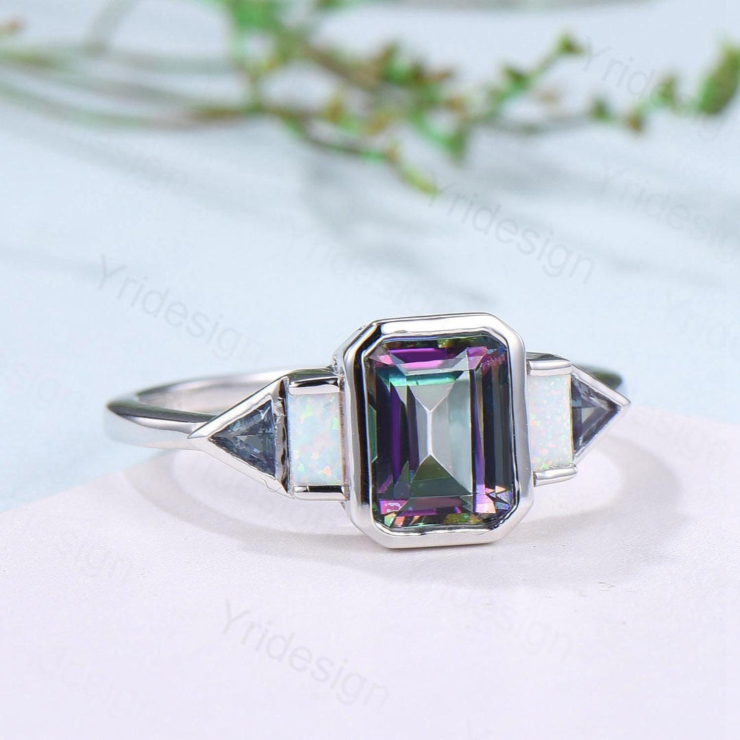 Vintage emerald cut mystic topaz engagement ring Baguette white opal trillion cut alexandrite band unique topaz five stone anniversary ring - PENFINE