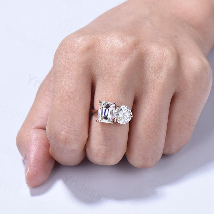 Two stone moissanite engagement ring 14k rose gold emerald round moisaanite plain rose gold wedding ring minimalist anniversary bridal gifts - PENFINE