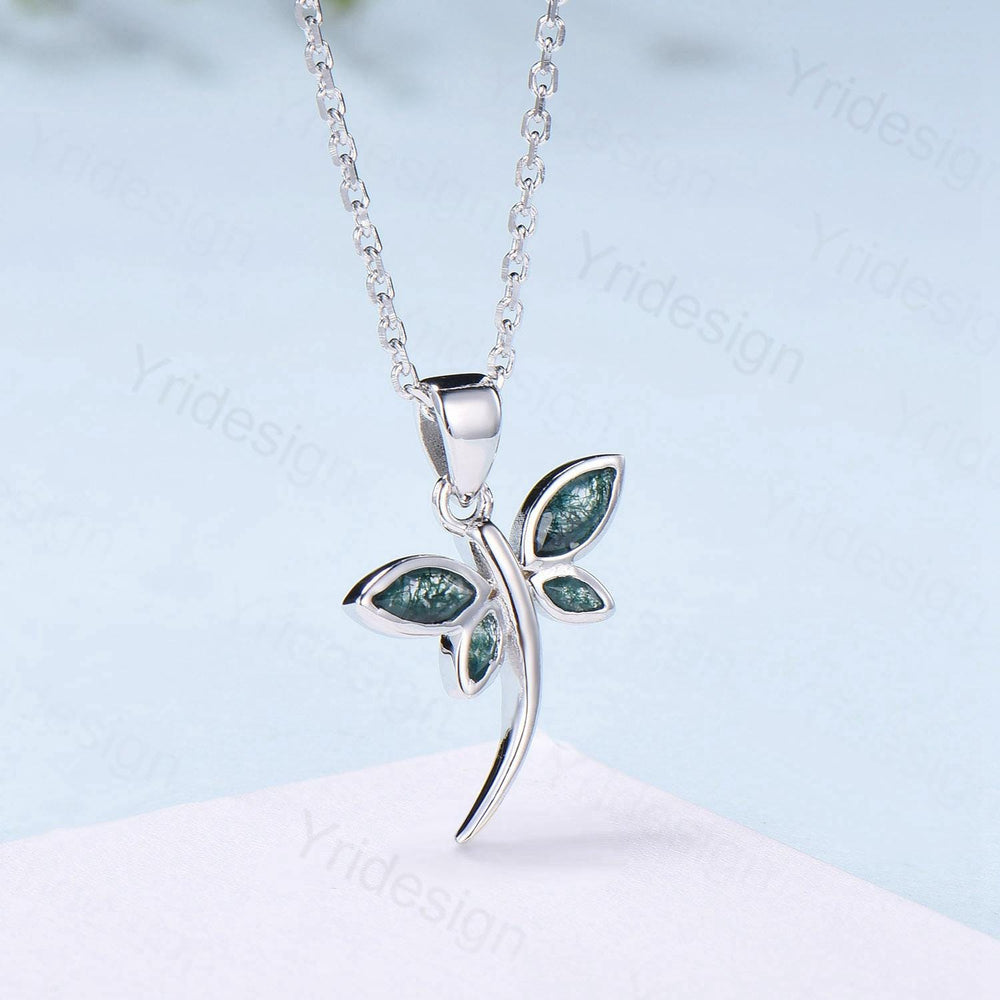 Dainty Marquise Cut Moss Agate Necklace Bezel Set Green Agate Dragonfly Accompany Necklace Pendant Necklace Unique Anniversary Gift Women - PENFINE