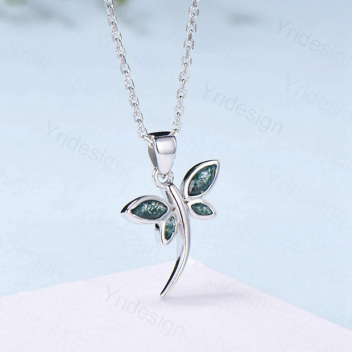 Dainty Marquise Cut Moss Agate Necklace Bezel Set Green Agate Dragonfly Accompany Necklace Pendant Necklace Unique Anniversary Gift Women - PENFINE