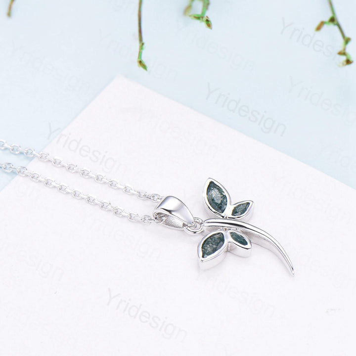 Dainty Marquise Cut Moss Agate Necklace Bezel Set Green Agate Dragonfly Accompany Necklace Pendant Necklace Unique Anniversary Gift Women - PENFINE
