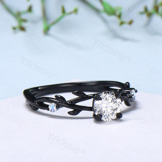 Leaf Moissanite Engagement Ring, Black Gold Moonstone Accent, Nature Inspired - PENFINE