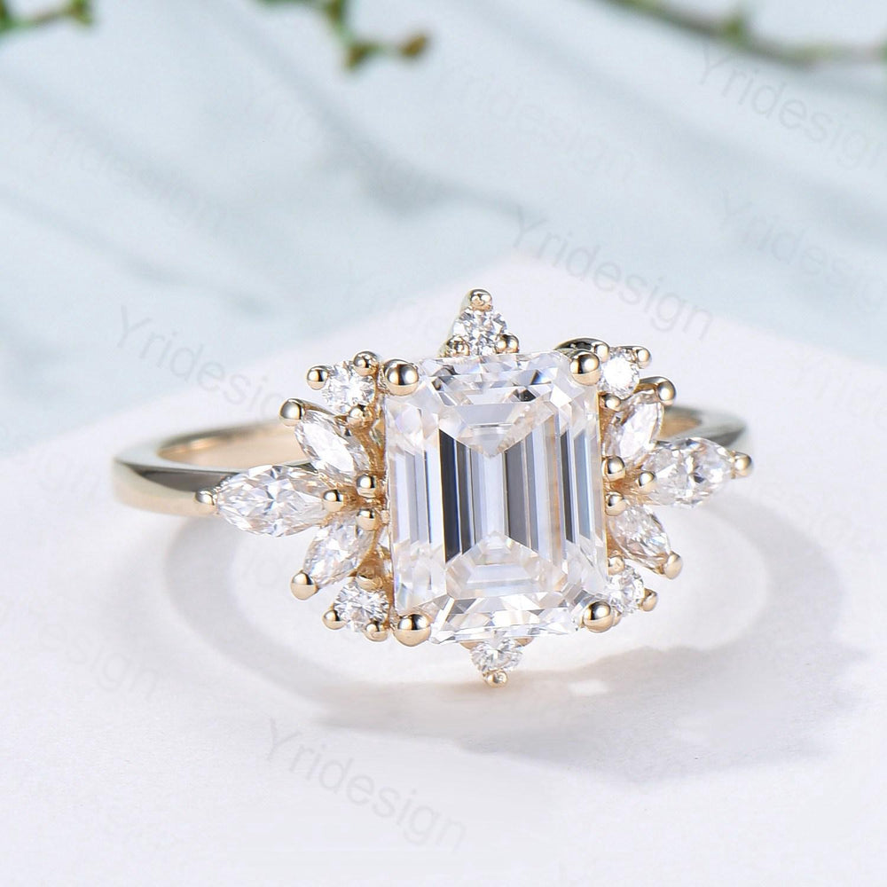 Custom Halo Emerald Cut Moissanite Engagement Ring 14K Yellow Gold  Cluster Marquise Moissanite Wedding Ring Unique Anniversary Promise Gift - PENFINE