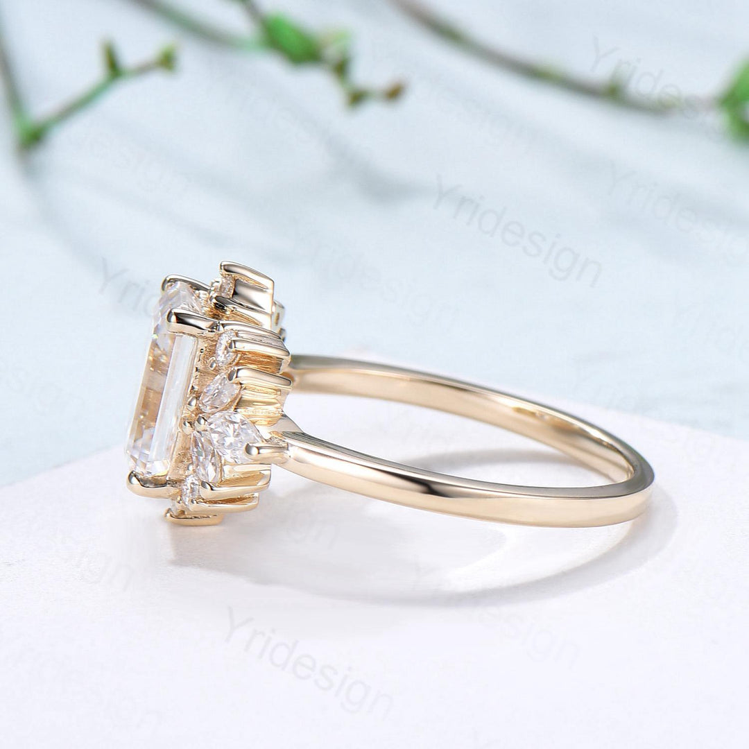 Custom Halo Emerald Cut Moissanite Engagement Ring 14K Yellow Gold  Cluster Marquise Moissanite Wedding Ring Unique Anniversary Promise Gift - PENFINE