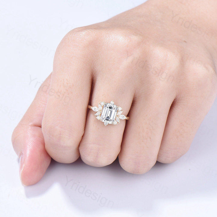 Custom Halo Emerald Cut Moissanite Engagement Ring 14K Yellow Gold  Cluster Marquise Moissanite Wedding Ring Unique Anniversary Promise Gift - PENFINE