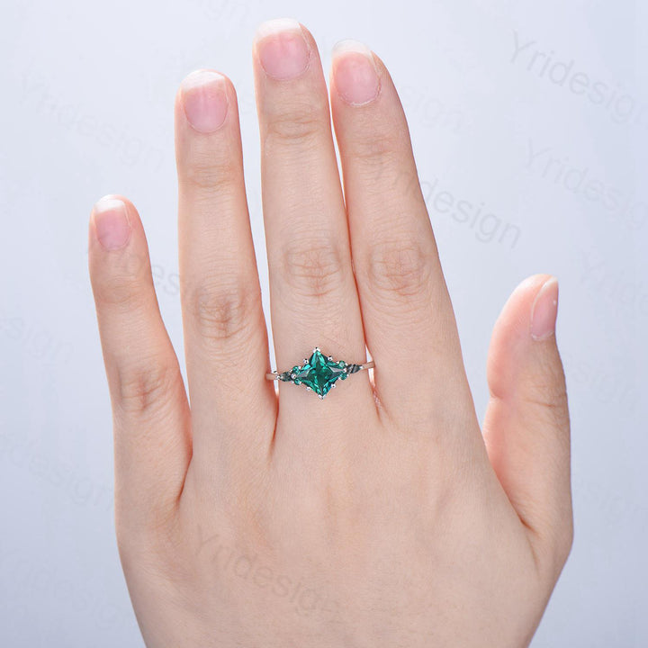 Unique Princess Cut Emerald Engagement Ring Set Silver White Gold Marquise Moss Agate Green Crystal Bridal Wedding Ring Retro Promise Ring - PENFINE
