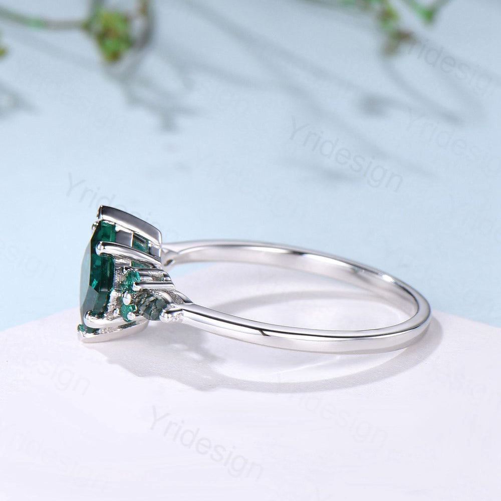 Unique Princess Cut Emerald Engagement Ring Set Silver White Gold Marquise Moss Agate Green Crystal Bridal Wedding Ring Retro Promise Ring - PENFINE