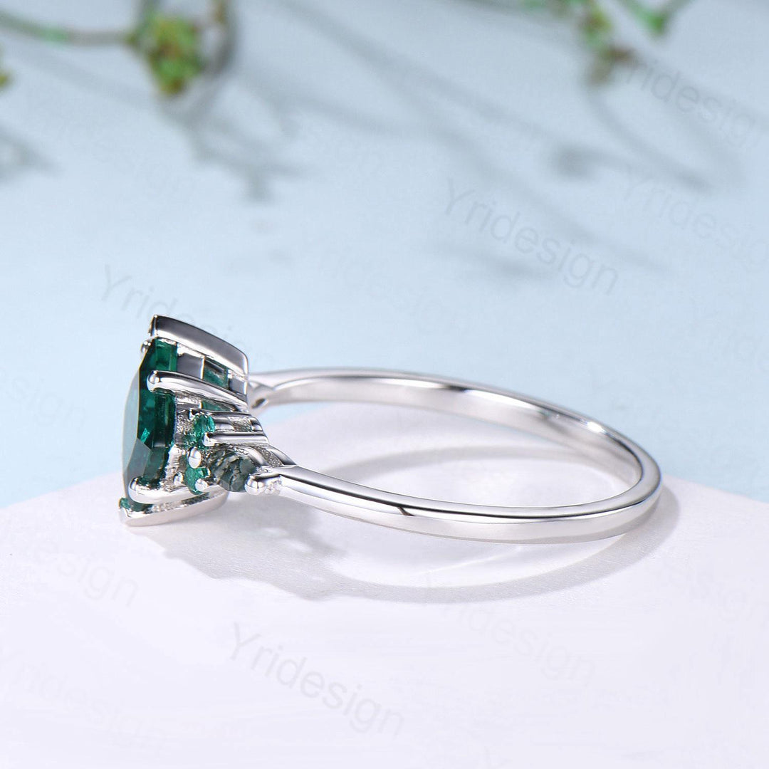 Unique Princess Cut Emerald Engagement Ring Set Silver White Gold Marquise Moss Agate Green Crystal Bridal Wedding Ring Retro Promise Ring - PENFINE