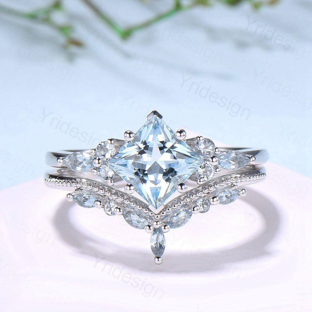 Art Deco Princess Cut Natural Aquamarine Engagement Ring Set Silver Rose Gold Unique 2CT March Birthstone Bridal Wedding Ring Set For Women - PENFINE