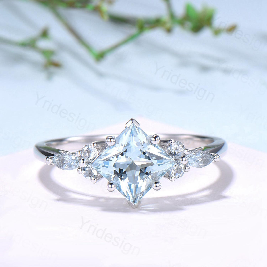 Art Deco Princess Cut Natural Aquamarine Engagement Ring Set Silver Rose Gold Unique 2CT March Birthstone Bridal Wedding Ring Set For Women - PENFINE