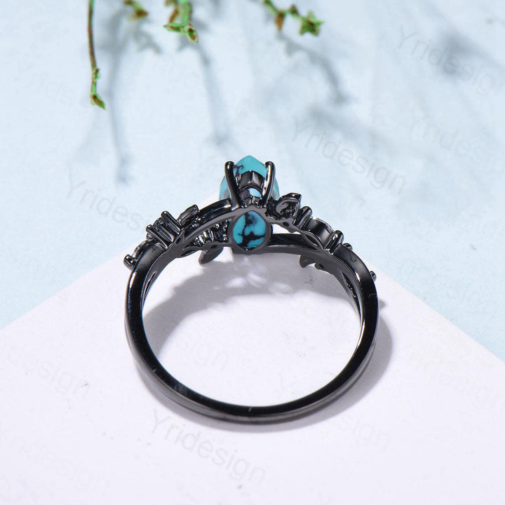 Unique Goth Turquoise Engagement Ring Natural Inspired Gothic Marquise Black Gold Ring Leaves Split Shank Cluster Alexandrite Wedding Ring - PENFINE